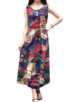 O-NEWE Vintage Colorful Printed Sleeveless Drawstring Women Maxi Dress