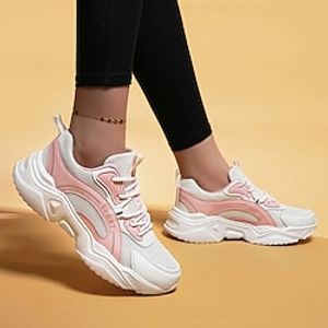 Women's Sneakers Dad Shoes Outdoor Daily Lace-up Flat Heel Round Toe Sporty Casual Running Shoes Faux Leather Tissage Volant Lace-up Pink  White Lightinthebox