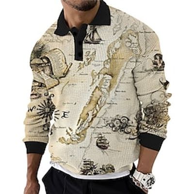 Map Men's Vintage Print 3D Waffle Polo Shirt Outdoor Casual Daily Streetwear Waffle Fabric Long Sleeve Turndown Polo Shirts Khaki Gray Spring  Summer S M L Micro-elastic Lapel Polo Lightinthebox
