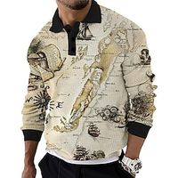 Map Men's Vintage Print 3D Waffle Polo Shirt Outdoor Casual Daily Streetwear Waffle Fabric Long Sleeve Turndown Polo Shirts Khaki Gray Spring  Summer S M L Micro-elastic Lapel Polo Lightinthebox - thumbnail