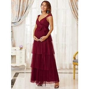 A-Line Maternity Cute Formal Evening Dress V Neck Sleeveless Floor Length Tulle with Tier Pure Color 2022 miniinthebox