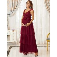 A-Line Maternity Cute Formal Evening Dress V Neck Sleeveless Floor Length Tulle with Tier Pure Color 2022 miniinthebox - thumbnail