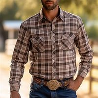 Plaid Vintage western style Men's Shirt Daily Wear Going out Weekend Fall  Winter Turndown Long Sleeve Black Burgundy Khaki S M L Shirt Lightinthebox - thumbnail