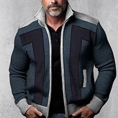Men's Cardigan Sweater Zip Sweater Chunky Cardigan Ribbed Knit Cropped Pocket Knitted Color Block Stand Collar Warm Ups Modern Contemporary Casual Daily Wear Clothing Apparel Fall Winter Black Blue M miniinthebox
