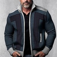 Men's Cardigan Sweater Zip Sweater Chunky Cardigan Ribbed Knit Cropped Pocket Knitted Color Block Stand Collar Warm Ups Modern Contemporary Casual Daily Wear Clothing Apparel Fall Winter Black Blue M miniinthebox - thumbnail