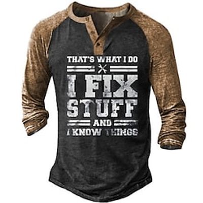 Men's Henley Shirt T shirt Tee Tee Slogan T Shirts Graphic Color Block Letter Henley Black Army Green Navy Blue Blue Brown 3D Print Outdoor Daily Long Sleeve Button-Down Print Clothing Apparel Basic miniinthebox