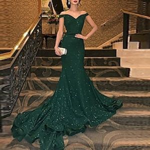 Mermaid  Trumpet Evening Dresses Sparkle Dress Wedding Guest Court Train Short Sleeve Off Shoulder Sequined with Sequin Pure Color 2022  Formal Evening  Sparkle  Shine Lightinthebox