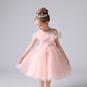 Kids Girls' Dress Solid Colored Knee-length Dress Beaded Short Sleeve Cute Dress 4-13 Years Summer Pink White Lightinthebox