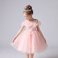 Kids Girls' Dress Solid Colored Knee-length Dress Beaded Short Sleeve Cute Dress 4-13 Years Summer Pink White Lightinthebox - thumbnail