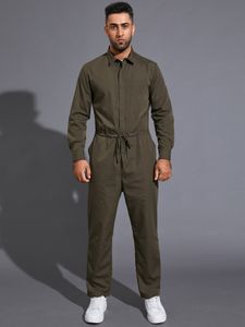 Men Casual Drawstring Zip Front Long Sleeve Jumpsuit
