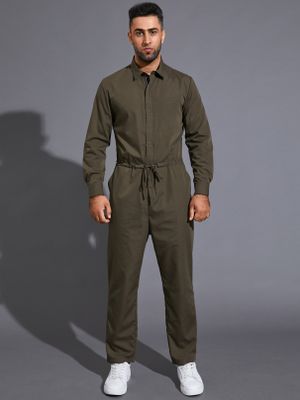 Men Casual Drawstring Zip Front Long Sleeve Jumpsuit