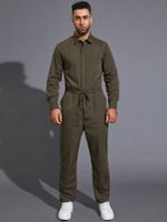 Men Casual Drawstring Zip Front Long Sleeve Jumpsuit - thumbnail