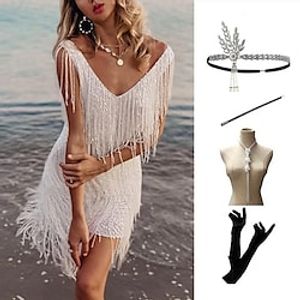 The Great Gatsby Roaring 20s 1920s Vintage Inspired Flapper Dress Dress Headband Accesories Set Women's Tassel Fringe Costume Vintage Cosplay Party Evening Cocktail Party Prom Sleeveless Dress miniinthebox