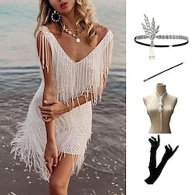 The Great Gatsby Roaring 20s 1920s Vintage Inspired Flapper Dress Dress Headband Accesories Set Women's Tassel Fringe Costume Vintage Cosplay Party Evening Cocktail Party Prom Sleeveless Dress miniinthebox