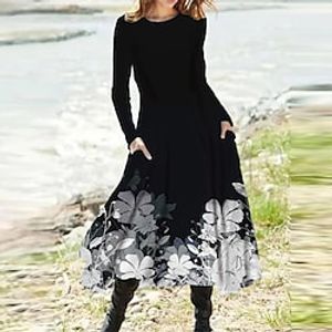 Women's A Line Dress Midi Dress White Black Long Sleeve Floral Pocket Print Fall Spring Round Neck Casual Vacation 2022 S M L XL XXL 3XL Lightinthebox