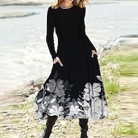 Women's A Line Dress Midi Dress White Black Long Sleeve Floral Pocket Print Fall Spring Round Neck Casual Vacation 2022 S M L XL XXL 3XL Lightinthebox - thumbnail