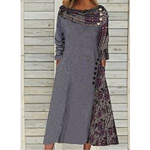 Women's Swing Dress Midi Dress Midi Dress Dark Gray 34 Length Sleeve Print Button Print Fall Winter Off Shoulder Stylish Modern 2022 S M L XL XXL 3XL Lightinthebox