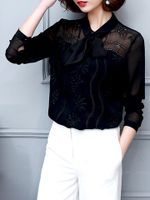 Elegant Lace Bow Embroidery Long Sleeves Shirts For Women