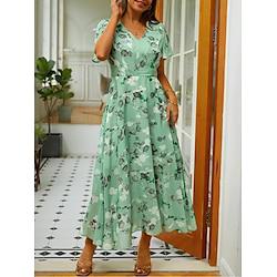 Women's Chiffon Floral Pleated Ruffle V Neck Midi Dress Party Sleeveless Summer Lightinthebox