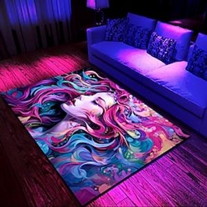 Blacklight Rug UV Reactive Glow in the Dark Area Rug Kitchen Mat Non-Slip Oil Proof Painting Woman Floor Mat Livingroom Rug Indoor Outdoor Mat Bedroom Decor Bathroom Mat Entrance Rug Door Mat Lightinthebox