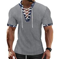 Men's T shirt Tee Corduroy Shirt Tee Short Sleeve Shirt Tee Top Color Block V Neck Street Vacation Short Sleeve Lace up Patchwork Clothing Apparel Fashion Designer Basic Lightinthebox