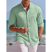 Men's Shirt Button Up Shirt Casual Shirt Summer Shirt Beach Shirt White Blue Green Long Sleeve Plain Band Collar Daily Vacation Splice Clothing Apparel Fashion Casual Lightinthebox