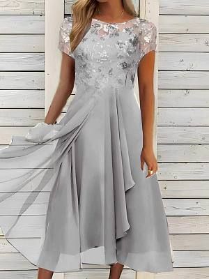 Round Neck Slim Lace Panel Pleated Short Sleeve Midi Dress