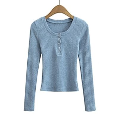 Women's Pullover Sweater Jumper Crew Neck Crochet Knit Acrylic Button Knitted Fall Winter Regular Outdoor Daily Going out Streetwear Stylish Casual Long Sleeve Solid Color Pink Blue Green S M Lightinthebox