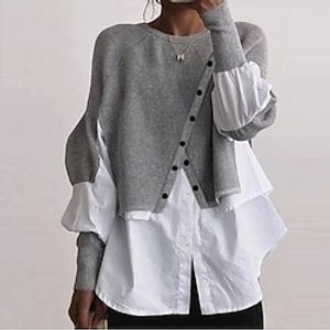 Women's Shirt Gray Plain Button Long Sleeve Casual Streetwear Round Neck Regular S miniinthebox