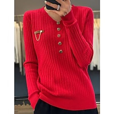 Women's Pullover Sweater Jumper V Neck Ribbed Knit Polyester Button Fall Winter Regular Outdoor Daily Going out Stylish Casual Soft Long Sleeve Solid Color Black White Yellow S M L Lightinthebox