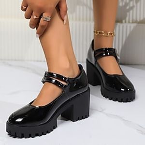 Women's Heels Pumps Mary Jane Comfort Shoes Party Daily Platform Chunky Heel Round Toe Casual Comfort Faux Leather Ankle Strap Wine Black Lightinthebox