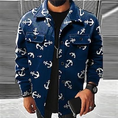 Anchor Vintage Men's Shirt Shirt Jacket Shacket Outdoor Street Casual Daily Fall  Winter Turndown Long Sleeve Blue S M L Shirt Lightinthebox