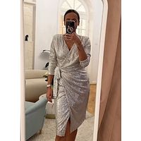 Women's Silver Sequin Dress Mini Dress Silver Black Dark Green Long Sleeve Pure Color Sequins Fall Winter Autumn V Neck Formal Office Birthday Evening Party Lightinthebox - thumbnail