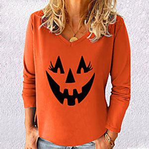 Women's Halloween Abstract Painting T shirt Graphic Pumpkin Long Sleeve Print V Neck Basic Halloween Tops Cotton Blue Yellow Gray miniinthebox