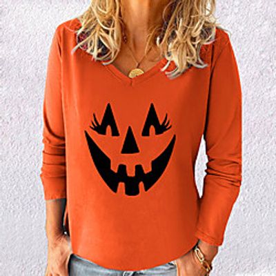 Women's Halloween Abstract Painting T shirt Graphic Pumpkin Long Sleeve Print V Neck Basic Halloween Tops Cotton Blue Yellow Gray miniinthebox