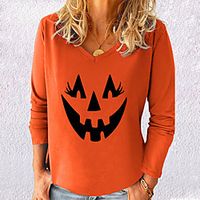 Women's Halloween Abstract Painting T shirt Graphic Pumpkin Long Sleeve Print V Neck Basic Halloween Tops Cotton Blue Yellow Gray miniinthebox - thumbnail