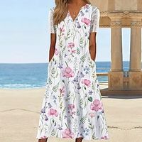 Women's Casual Dress Midi Dress White Short Sleeve Floral Pocket Spring Summer V Neck Casual Weekend Loose Fit 2023 S M L XL XXL 3XL miniinthebox - thumbnail