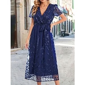Women's Wedding Guest Dress Party Dress Sequin Dress Midi Dress White Champagne Red Short Sleeve Pure Color Lace up Summer Spring V Neck Fashion Wedding Guest Vacation Summer Dress 2023 S M L XL 2XL Lightinthebox