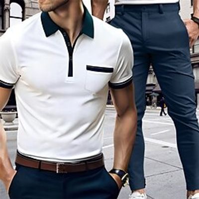 Men's Matching Sets White Polo Shirt Sport Polo Golf Shirt Trousers Chinos Chino Pants Sets Short Sleeve Lapel Vacation Casual Daily Color Block 2 Piece Polyester Spring  Summer Lightinthebox