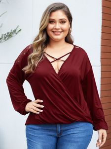 YOINS Plus Size Burgundy Lace Criss Cross Wrap Blouse