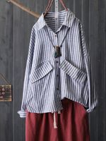 Stripe Turn-down Collar Blouses