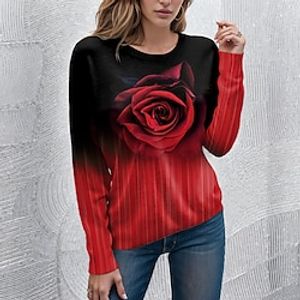 Women's T shirt Tee Floral 3D Pink Red Blue Print Long Sleeve Casual Holiday Fashion Funny Round Neck Regular Fit Spring   Fall Lightinthebox