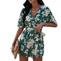 Women's Romper Print Floral V Neck Streetwear Going out Weekend Regular Fit Short Sleeve Green Wine Black S M L Spring miniinthebox - thumbnail