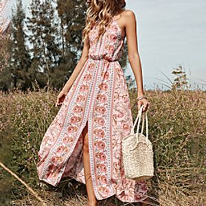 Women's A Line Dress Maxi long Dress Pink Sleeveless Floral Backless Split Cold Shoulder Spring Summer Halter Neck Stylish Elegant Casual 2021 S M L XL Lightinthebox