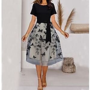 Women's Casual Dress Midi Dress Black Short Sleeve Butterfly Layered Spring Summer Crew Neck Party M L XL XXL XXXL Lightinthebox