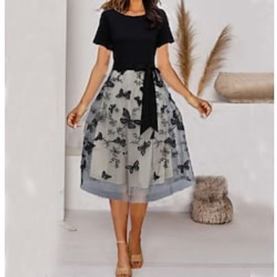 Women's Casual Dress Midi Dress Black Short Sleeve Butterfly Layered Spring Summer Crew Neck Party M L XL XXL XXXL Lightinthebox