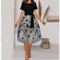 Women's Casual Dress Midi Dress Black Short Sleeve Butterfly Layered Spring Summer Crew Neck Party M L XL XXL XXXL Lightinthebox - thumbnail