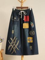 Denim Embroidery Patchwork Women Skirt