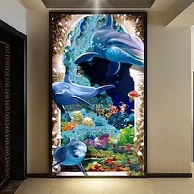 3D Dophins Fish Under Sea Coral Corridor Entrance Wall Mural Decals Art Prints Wallpaper miniinthebox