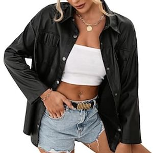Women's Faux Leather Jacket Office Comfortable Modern Style Regular Fit Outerwear Long Sleeve Summer Black S Lightinthebox